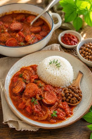 Assiette de rougail saucisses créole avec riz, grains et pâte de piment