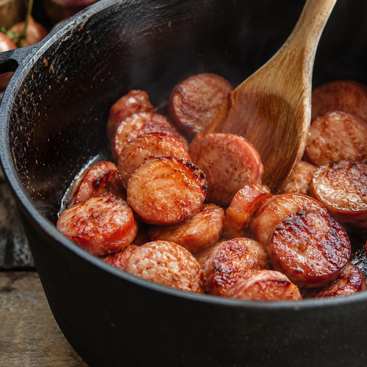 Rondelles de saucisses fumées dorées dans la marmite pour le rougail