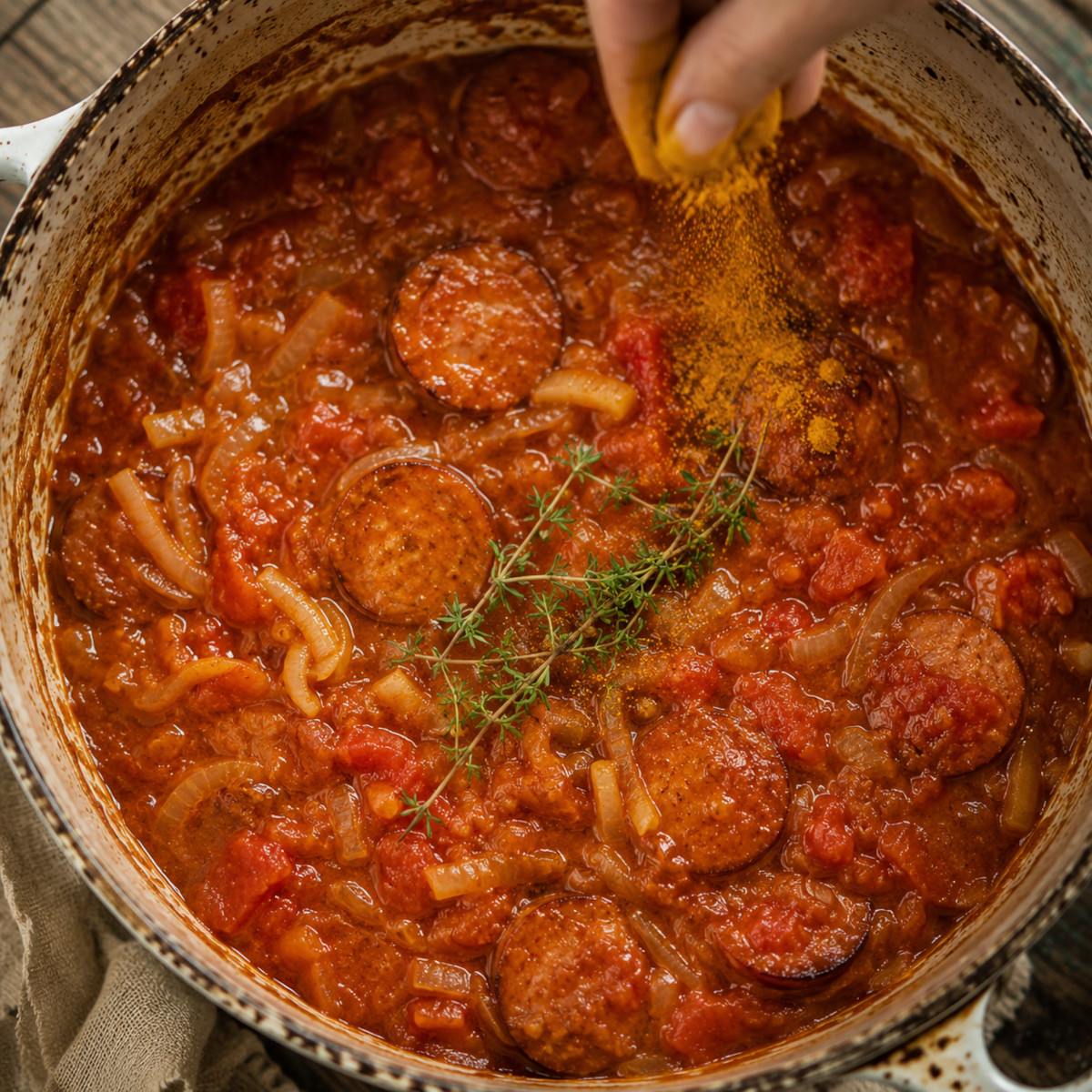 Sauce orangée du rougail saucisses en train de mijoter avec le curcuma