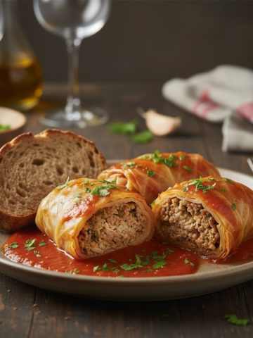Assiette de feuilles de chou farcies roulées nappées de sauce tomate maison