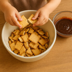 Biscuits petit beurre cassés grossièrement à la main, étape de la recette
