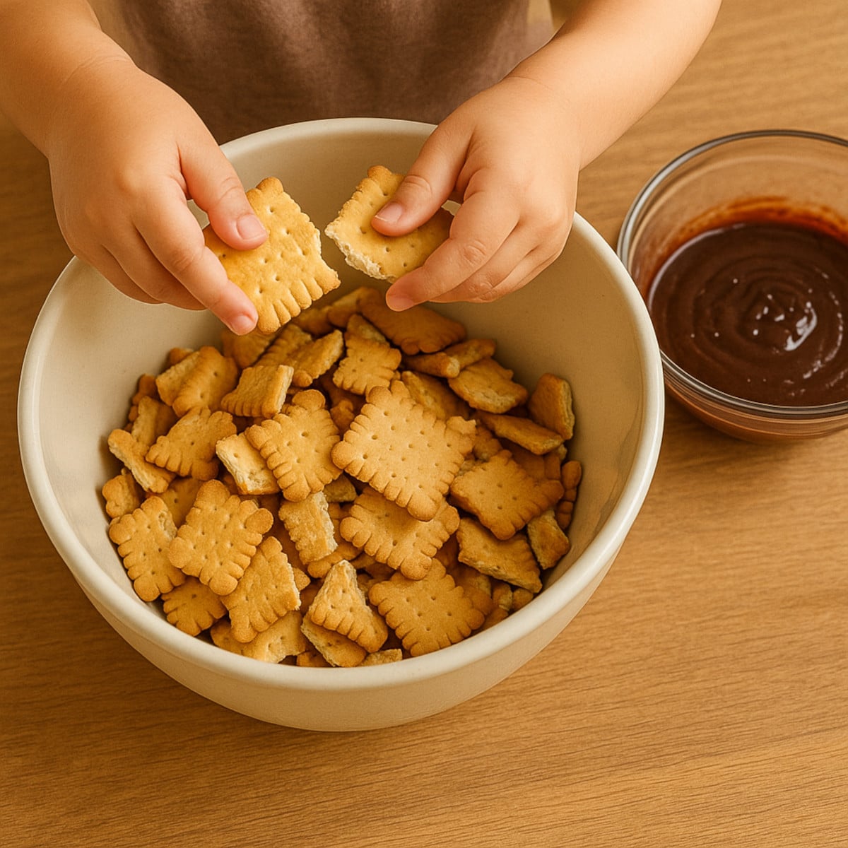 Biscuits petit beurre cassés grossièrement à la main, étape de la recette