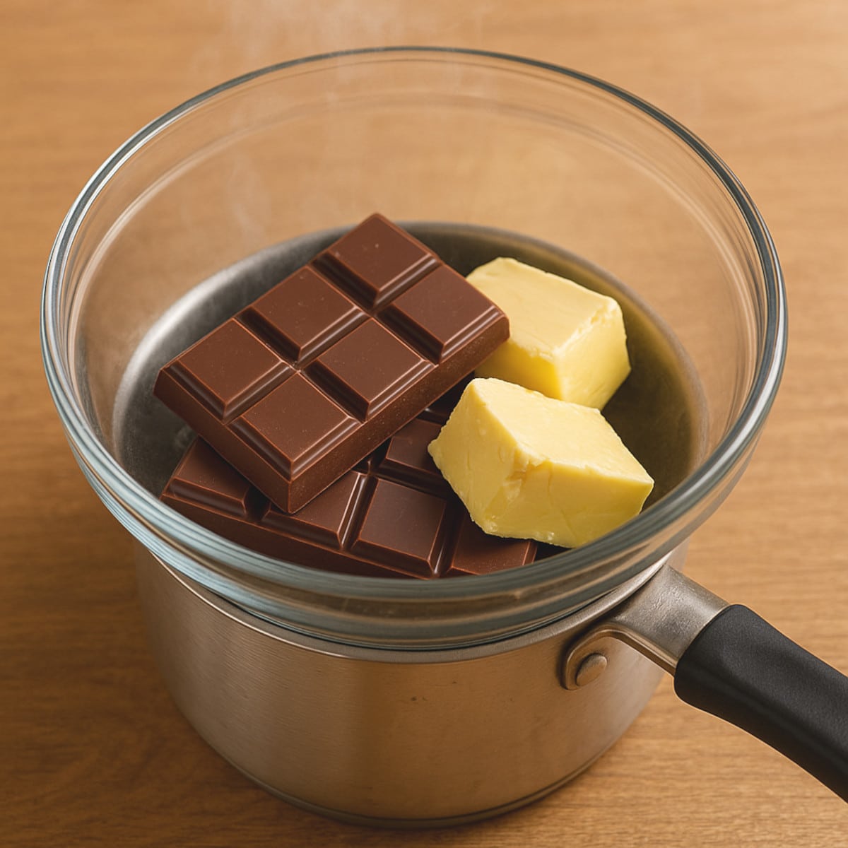 Chocolat et beurre fondus pour la recette du gâteau sans cuisson