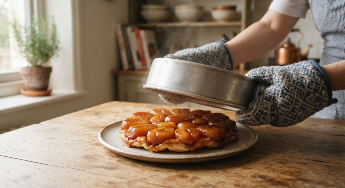 Démoulage de la tarte Tatin : on soulève le moule pour découvrir les pommes caramélisées