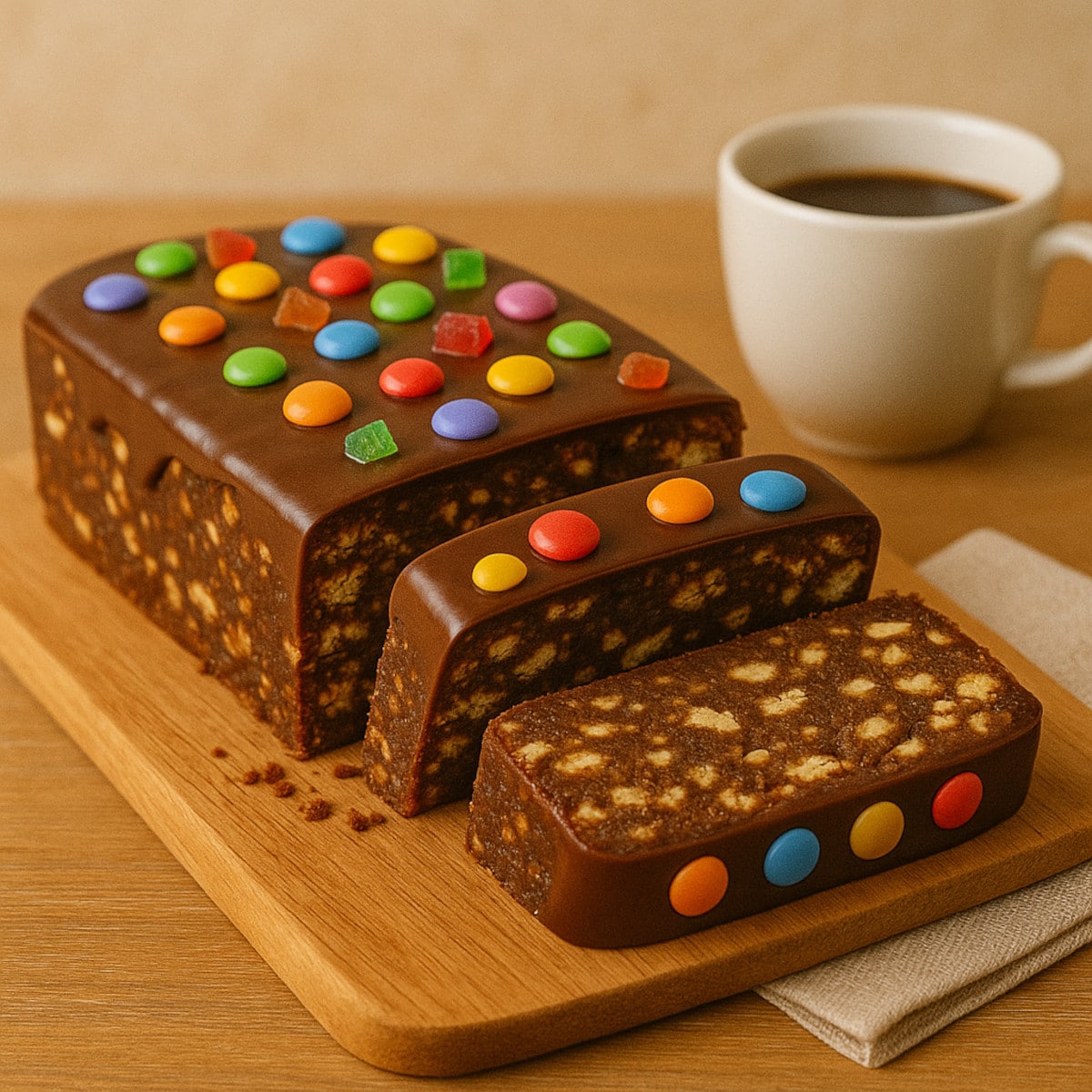 Gâteau petit beurre au chocolat sans cuisson tranché et décoré de Smarties