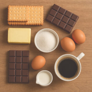 Ingrédients du gâteau petit beurre au chocolat sans cuisson (biscuits, chocolat, beurre, sucre, œufs)