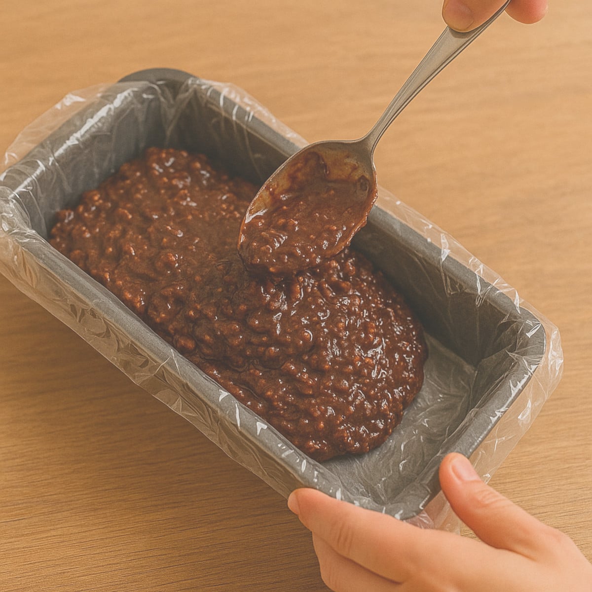 Préparation du gâteau petit beurre chocolat dans un moule tapissé de film alimentaire