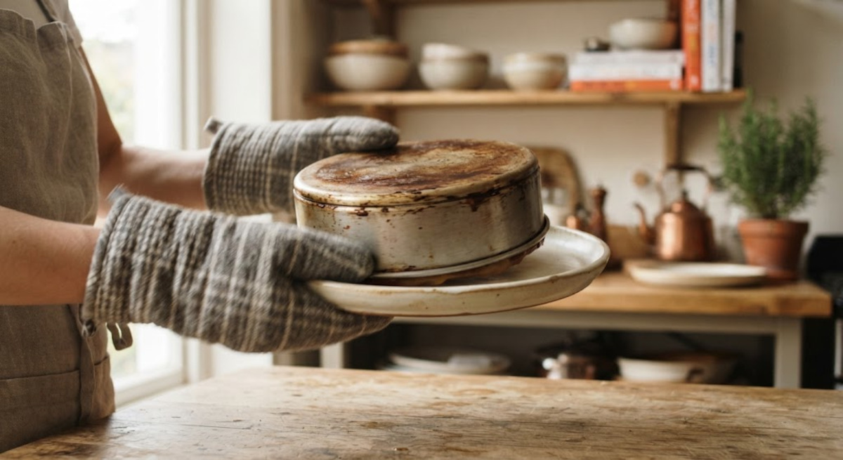 Retournement de la tarte Tatin : le plat posé sur le moule avant la basculejpeg