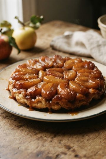 Tarte Tatin traditionnelle de ma mamie démoulée, pommes confites au caramel beurre salé