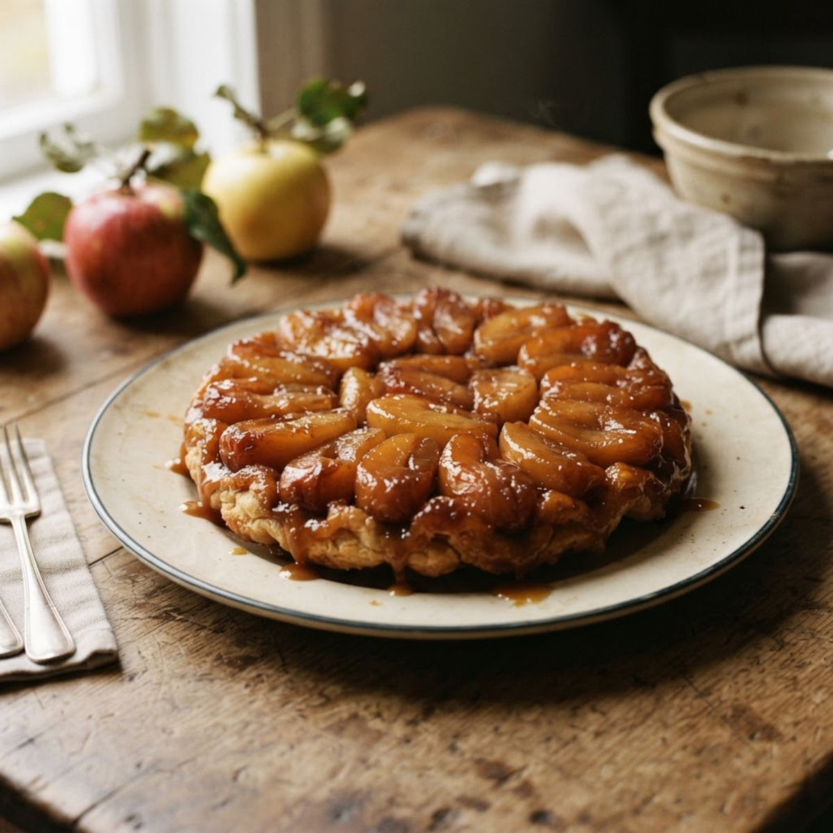 Tarte Tatin traditionnelle de ma mamie démoulée, pommes confites au caramel beurre salé