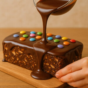 Versement du glaçage chocolat sur le gâteau sans cuisson