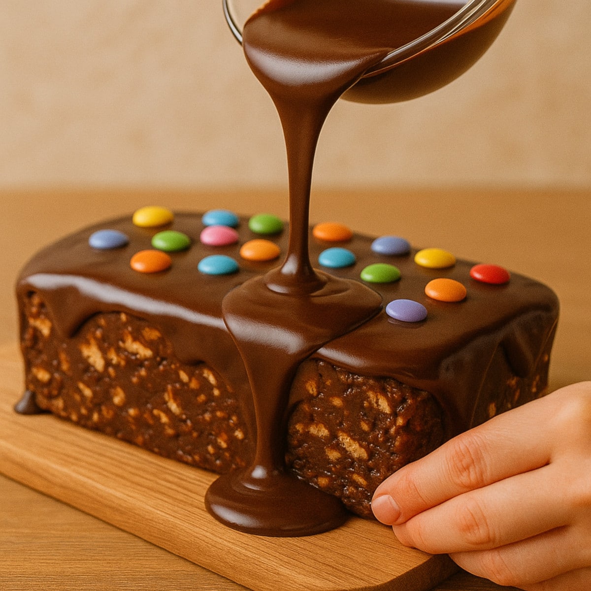 Versement du glaçage chocolat sur le gâteau sans cuisson