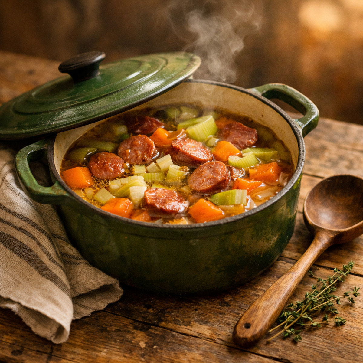 potée aux légumes de saison mijotée dans une cocotte en fonte sur table en bois rustique