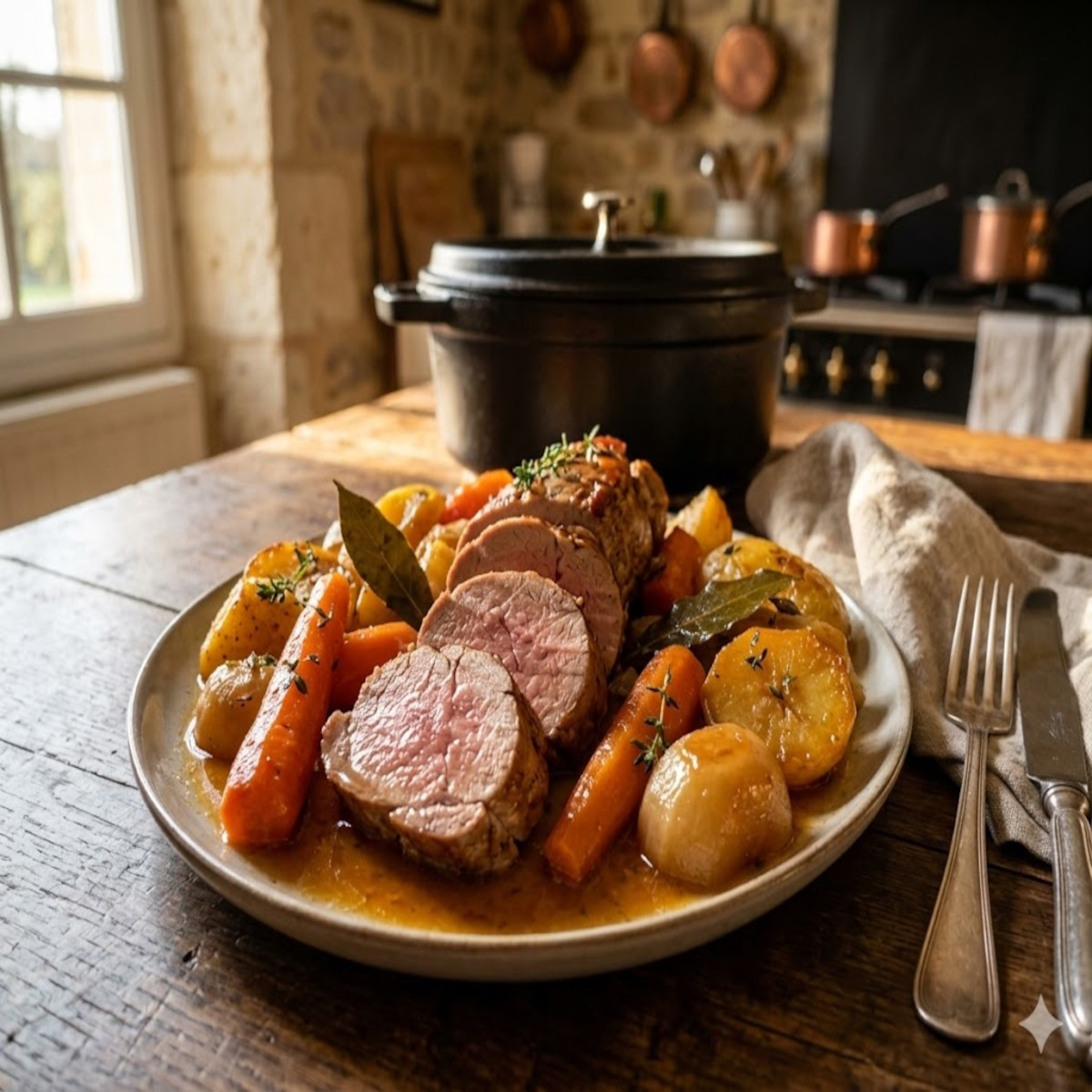Filet mignon de porc en cocotte lutée au four servi en médaillons avec carottes