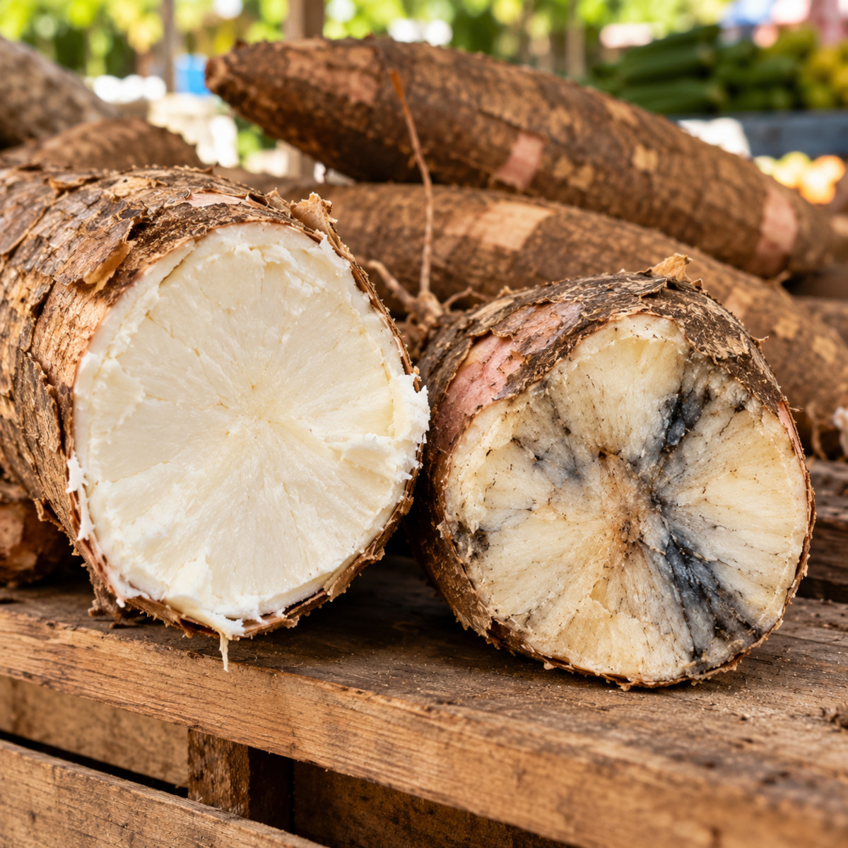 Comparaison de deux cassures de manioc : chair blanche et fraîche à gauche, chair striée de noir et abîmée à droite