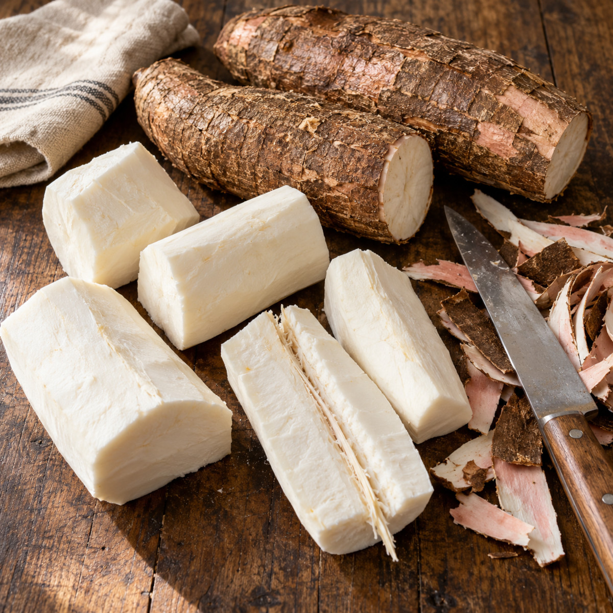 Racines de manioc frais entières et tronçons épluchés à la chair blanche sur une planche en bois, prêts à cuire