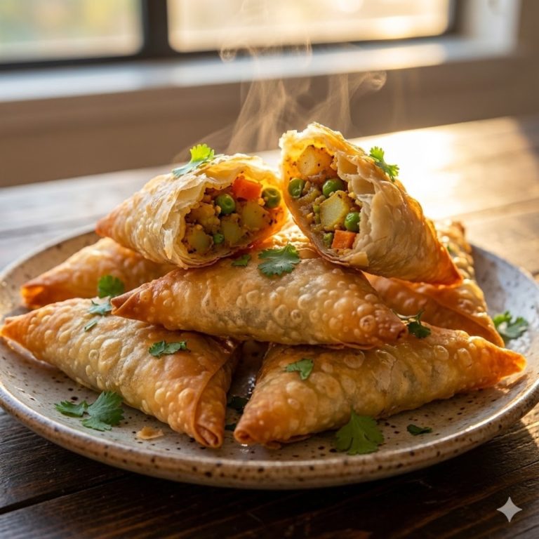 Samoussa végétarien doré et croustillant servi avec chutney vert