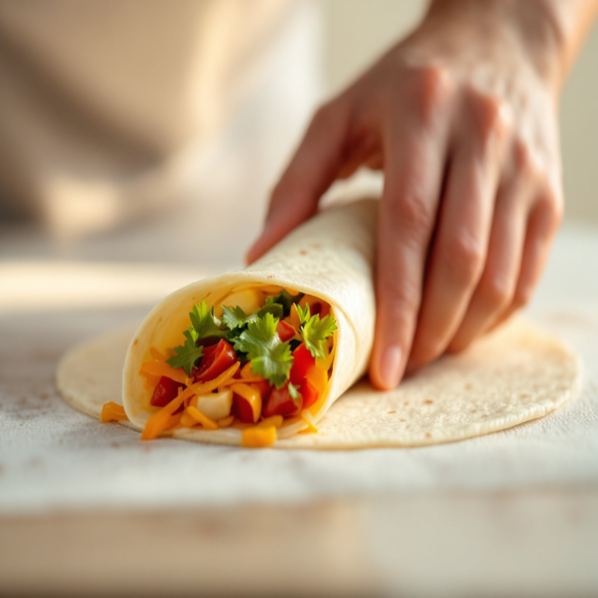 Enroule chaque wrap moelleux fermement pour bien enfermer les ingrédients