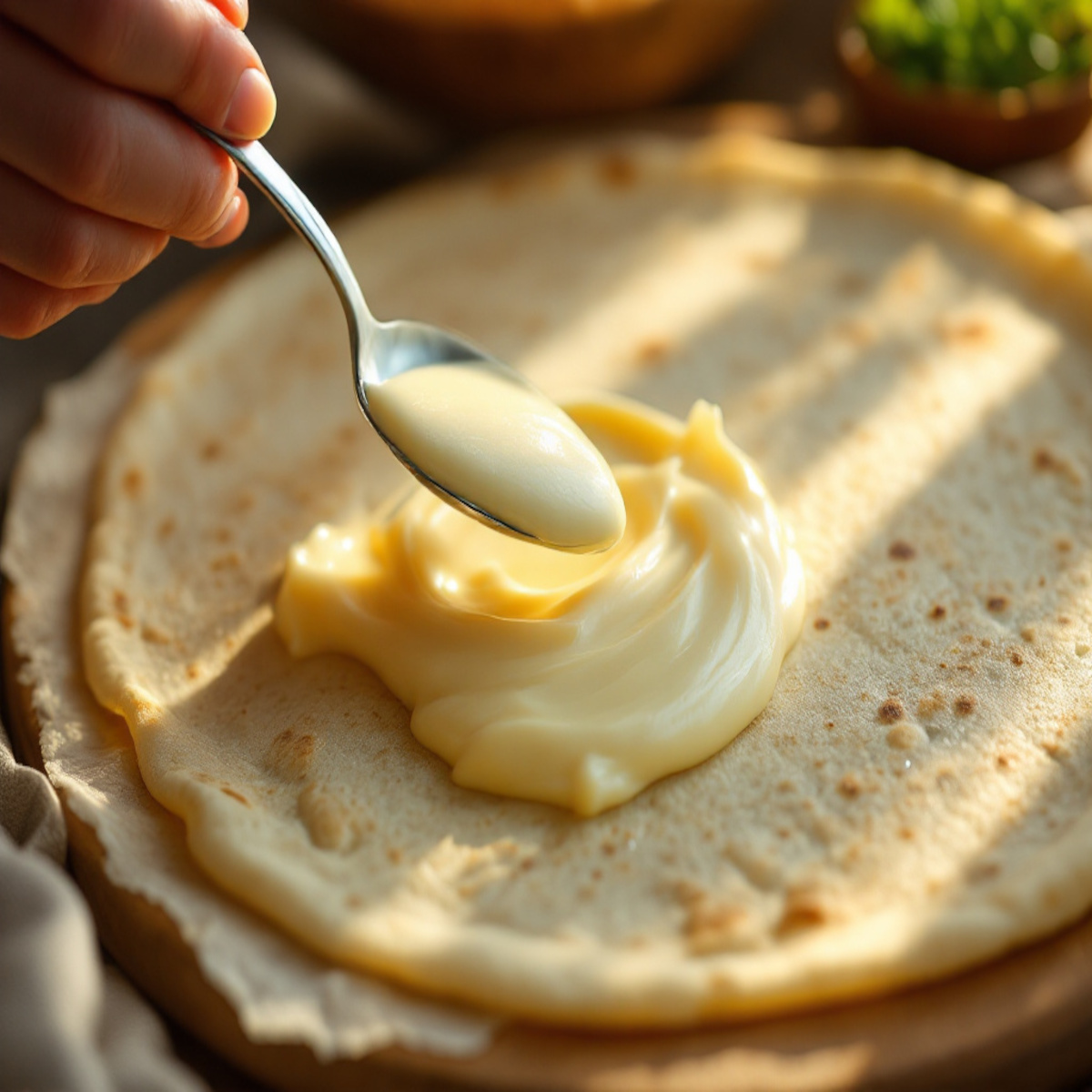 Étale une cuillère à soupe de fromage frais sur chaque tortilla