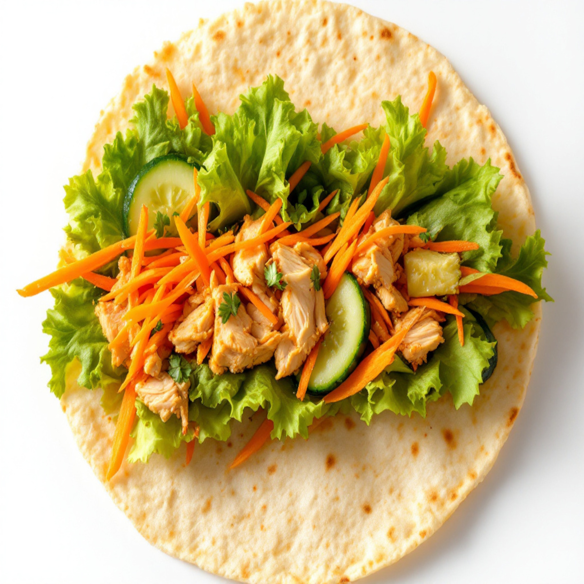 Répartis une portion de poulet émincé Ajoute la carotte râpée, les bâtonnets de concombre et une poignée de salade verte