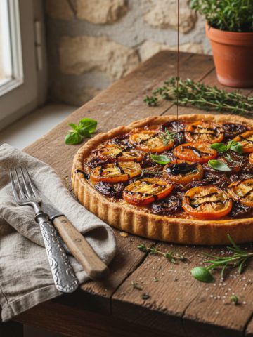 Tarte aux tomates et échalotes caramélisées au balsamique, servie chaude sur une table provençale
