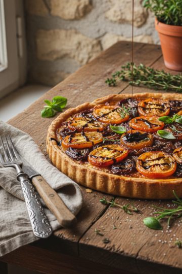 Tarte aux tomates et échalotes caramélisées au balsamique, servie chaude sur une table provençale