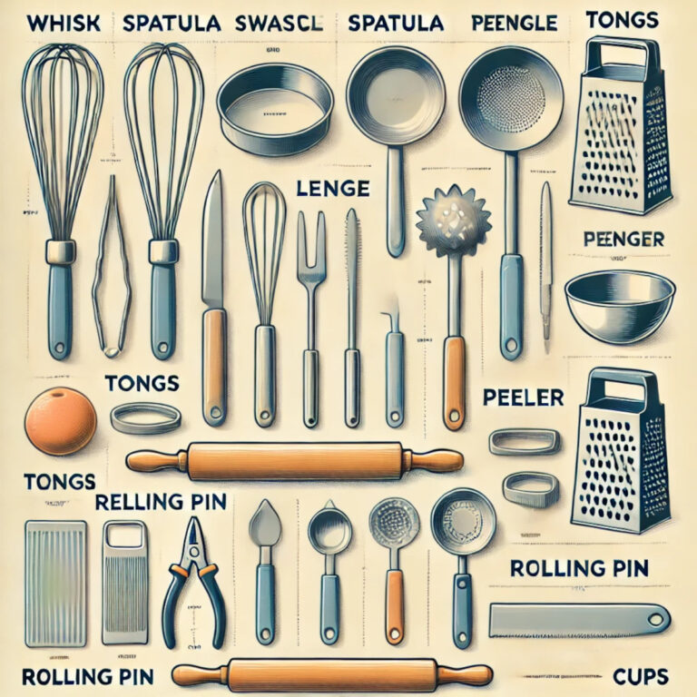 vocabulaire des ustensiles culinaires, avec des étiquettes claires pour chaque outil