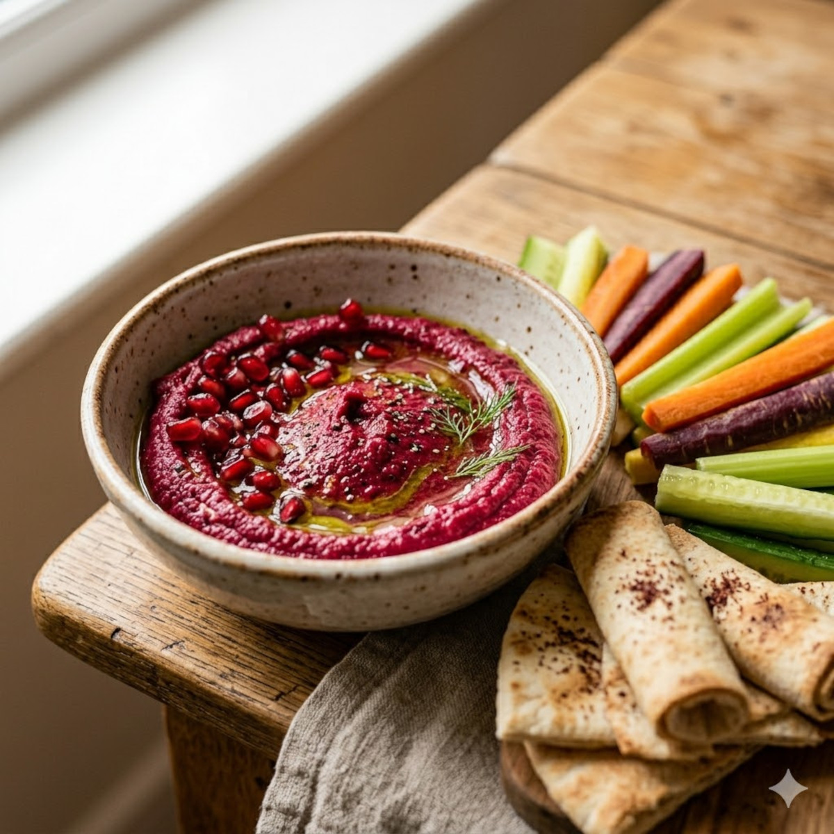 Houmous de betterave vegan maison garni de graines de grenade, servi avec crudités