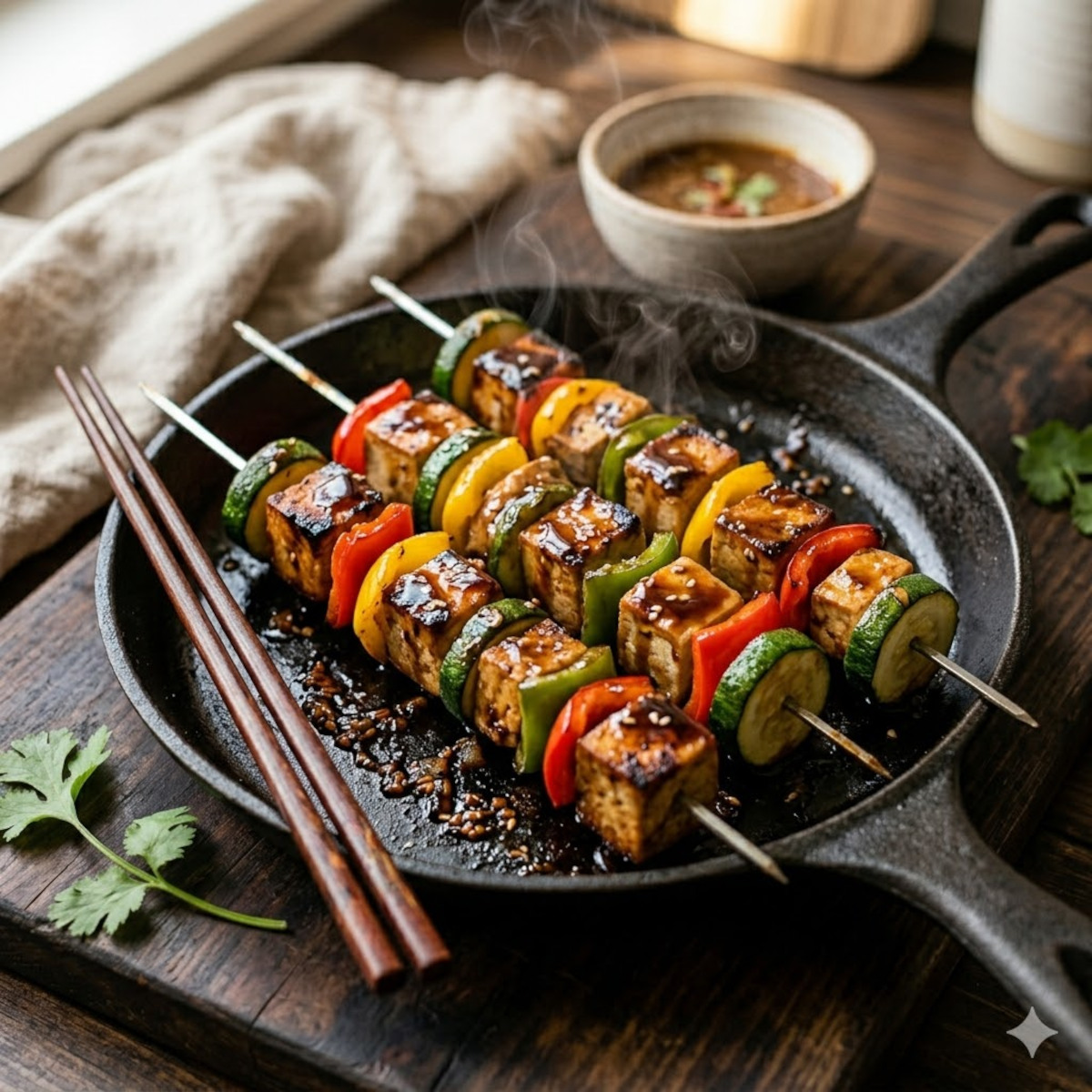 Brochettes de tofu ferme mariné sauce soja et sirop d'érable, recette apéro vegan
