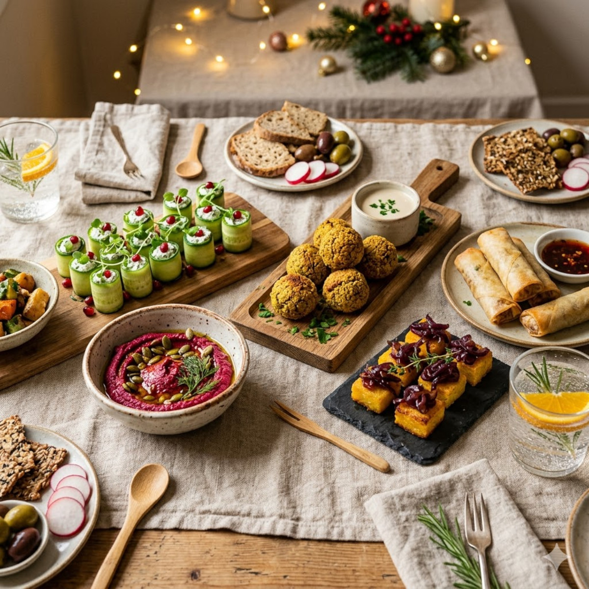Plateau apéro vegan festif fait maison avec houmous de betterave, falafels et roulés de courgette