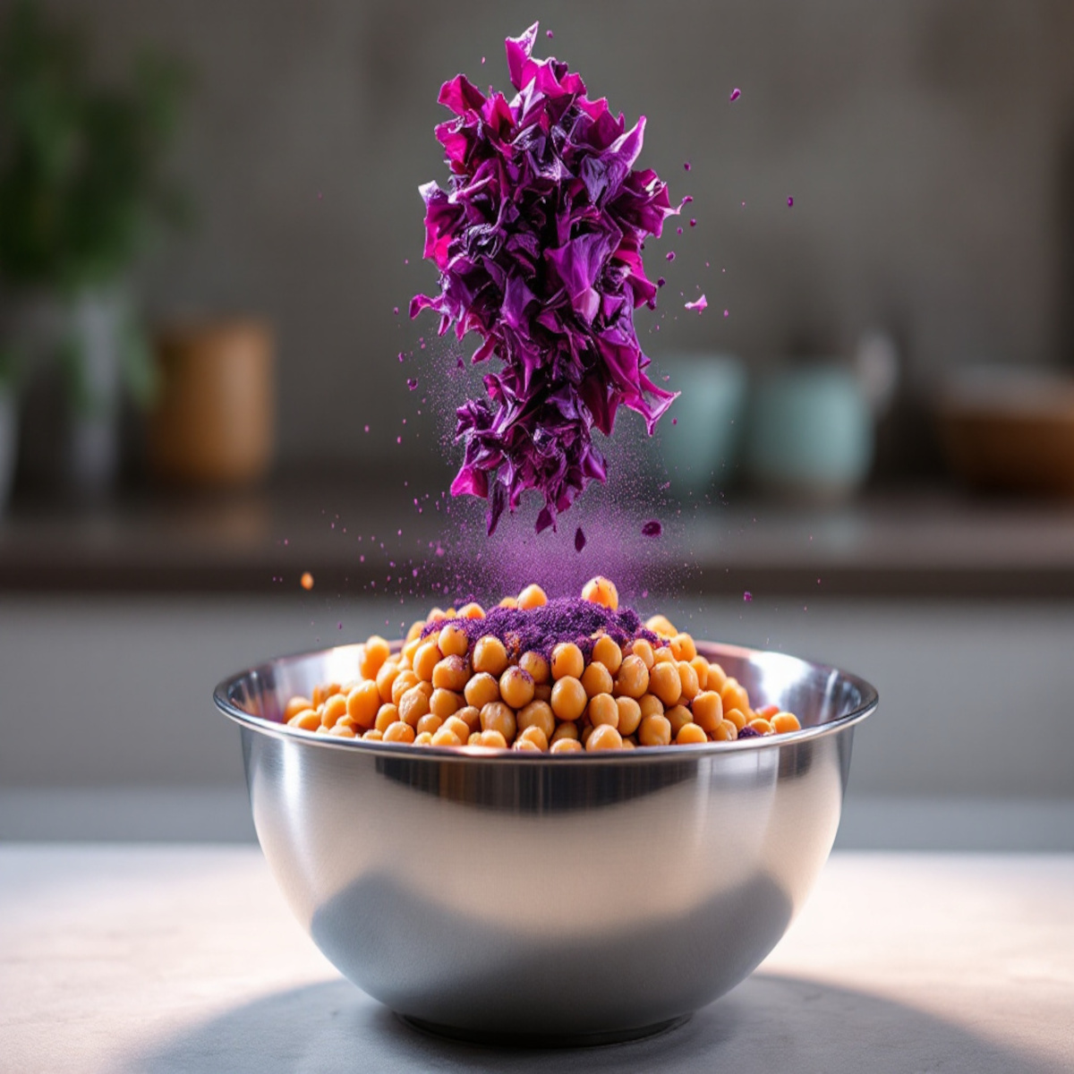 Ajoutez l'açaï, le sel, le chou haché et les pois chiches