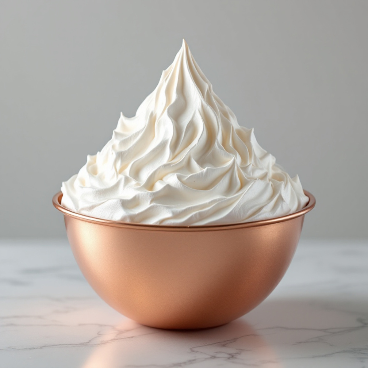 Blancs d'œufs montés en neige dans un bol en métal, avec des pics souples prêts à recevoir un sirop chaud pour une meringue