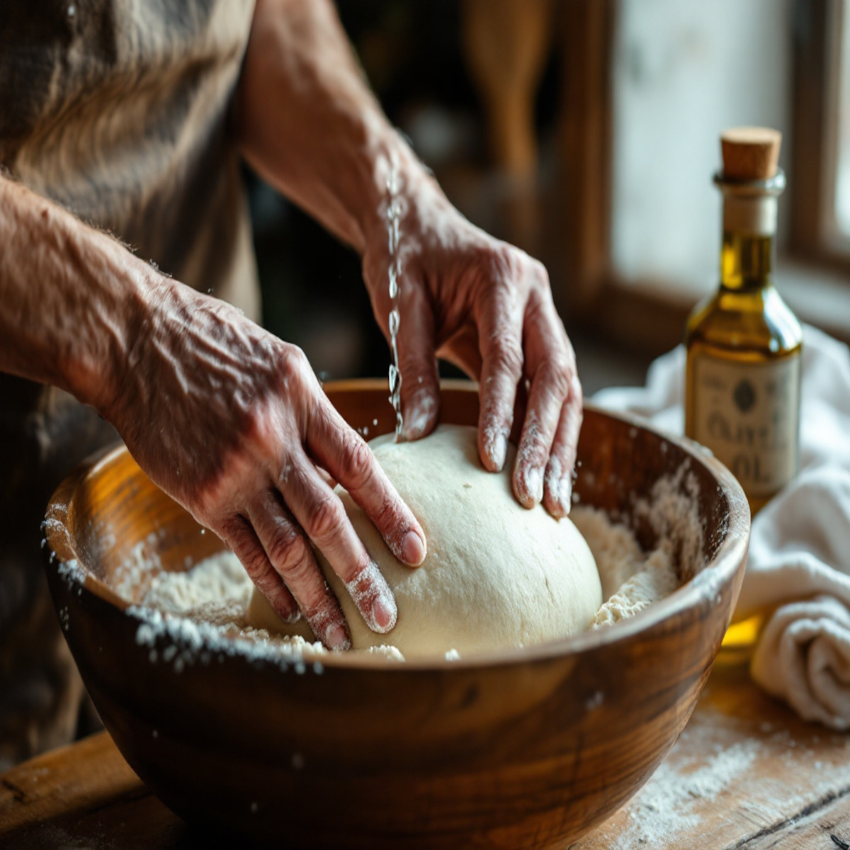 Étape de préparation de la pâte à flammekueche, avec de la farine