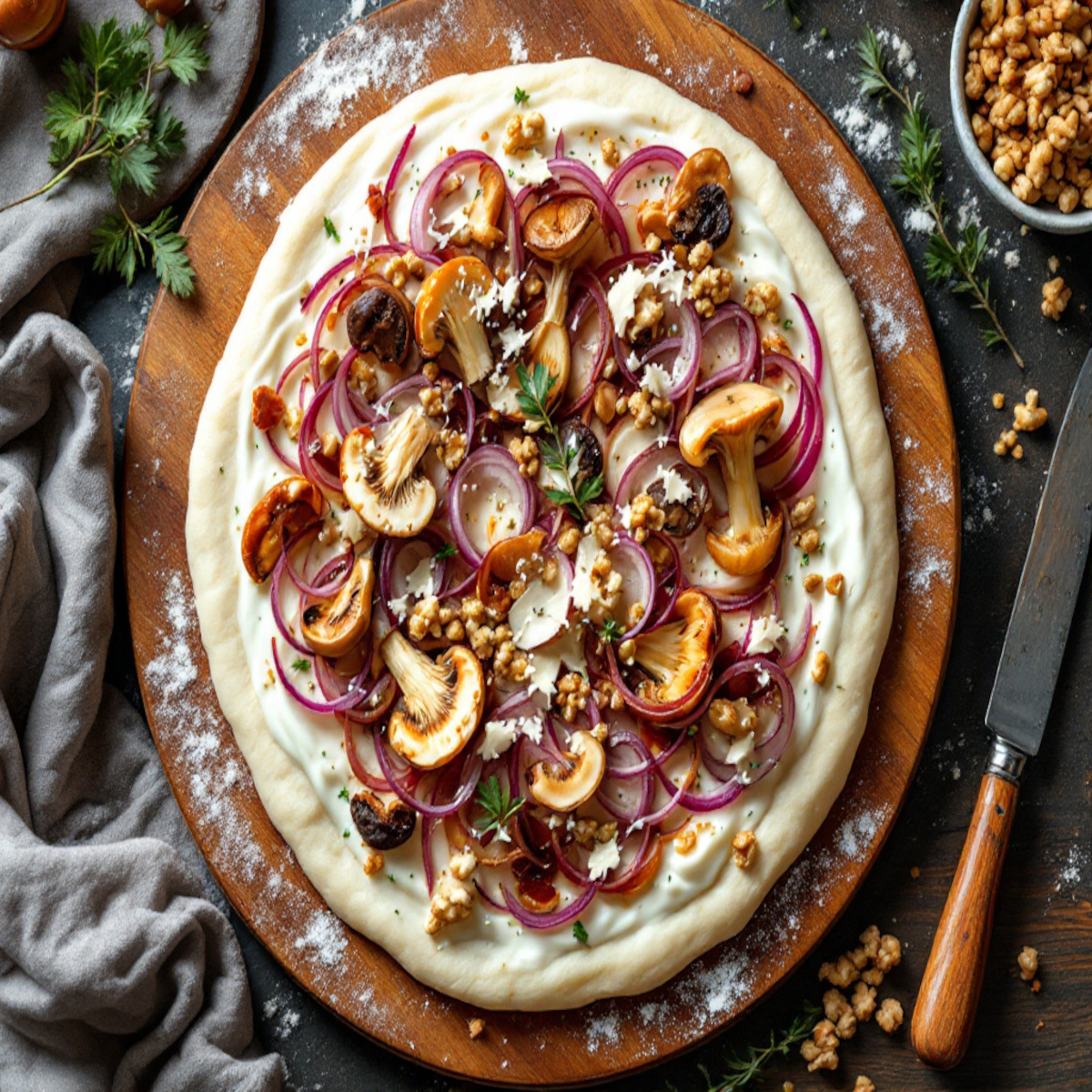 Flammekueche d'automne servie sur une planche en bois, accompagnée d'une salade verte croquante