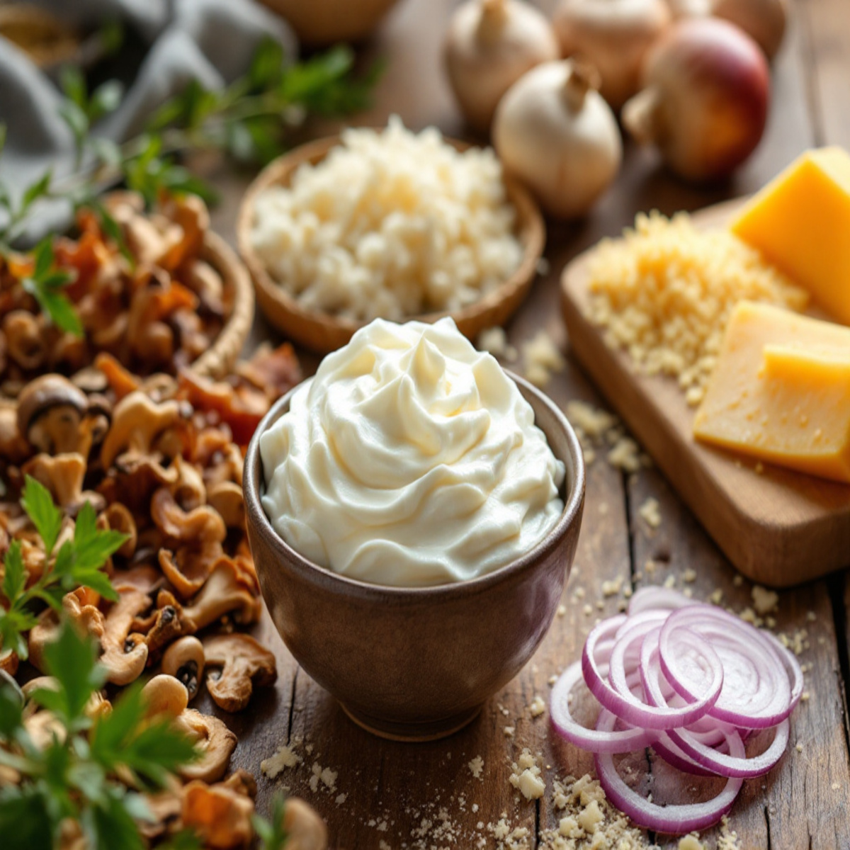 Ingrédients pour une flammekueche d'automne : farine, crème fraîche, champignons, marrons, lardons, oignons rouges, fromage râpé, et noix concassées