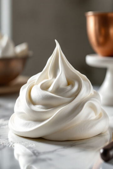 Meringue italienne brillante et ferme, aux reflets satinés, déposée en volutes élégantes sur une tarte, prête à être caramélisée au chalumeau