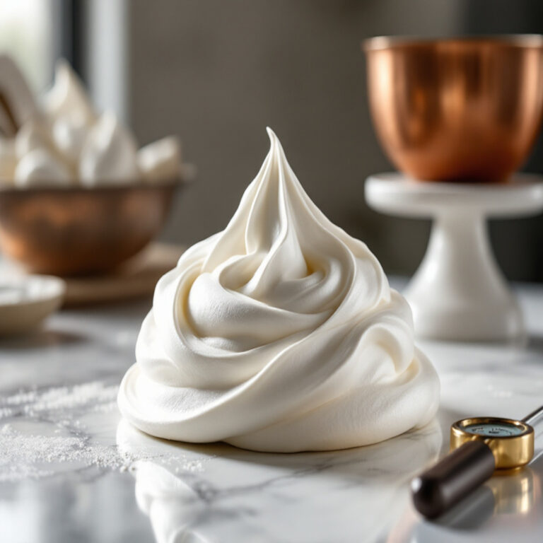 Meringue italienne brillante et ferme, aux reflets satinés, déposée en volutes élégantes sur une tarte, prête à être caramélisée au chalumeau