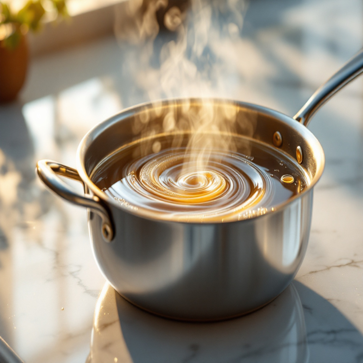 Sirop de sucre en cuisson dans une casserole, mélange d'eau et de sucre porté à 118°C, prêt pour la réalisation d'une meringue italienne