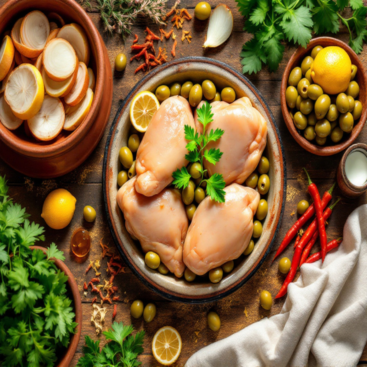 tous les ingrédients nécessaires pour réaliser un tajine poulet