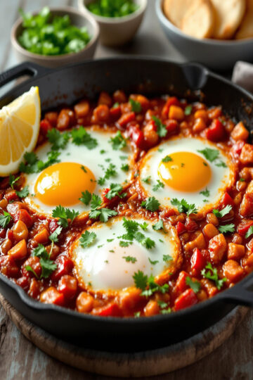 Chakchouka aux poivrons traditionnelle prête à servir : œufs pochés dans une sauce tomate aux poivrons, garnie de coriandre fraîche et citron