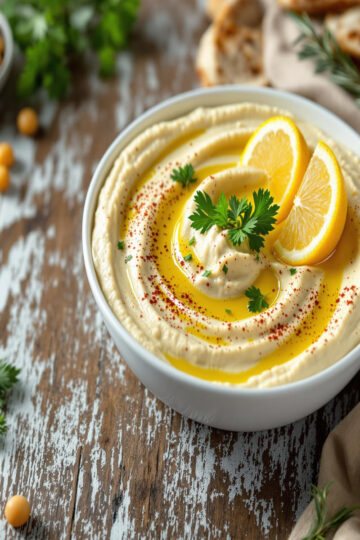 Houmous maison crémeux au citron servi dans un bol avec huile d'olive et garnitures