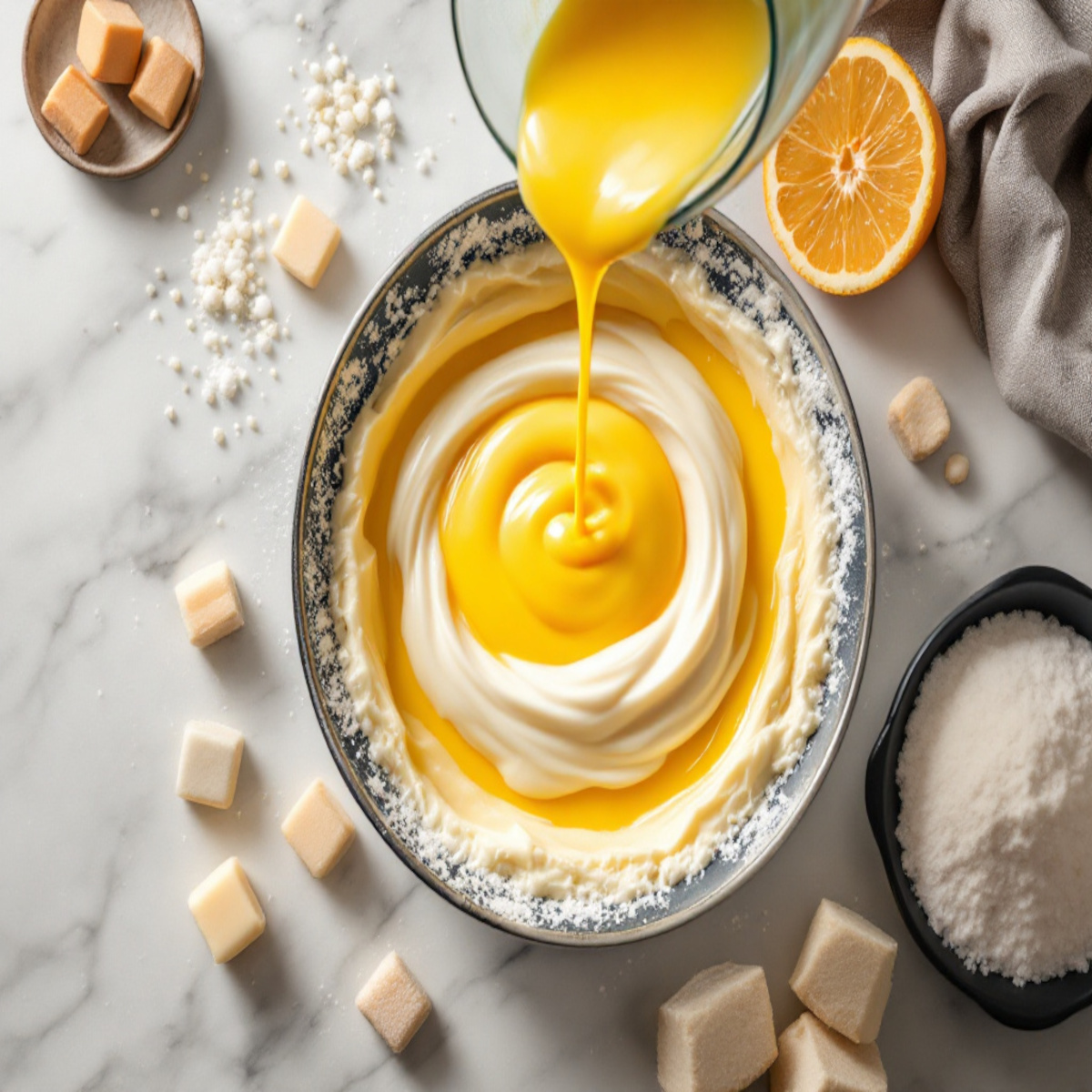 Incorpore l'huile (ou le beurre fondu), le sucre (si version sucrée), le sel et la vanille