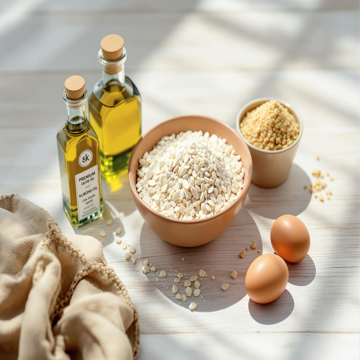 Mélange d'amandes moulues et sucre pour gâteau dans un bol en céramique, cuisine naturelle