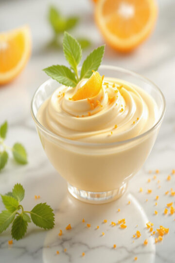 Mousse à l'orange légère et aérienne dans un bol en verre élégant, garnie de zeste d'orange frais et de feuilles de menthe
