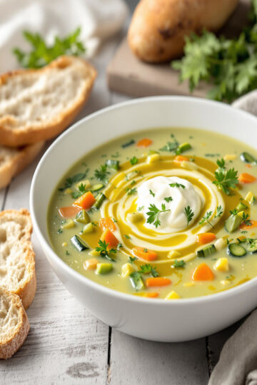 Soupe onctueuse poireaux-courgettes-carottes servie avec un filet d'huile d'olive