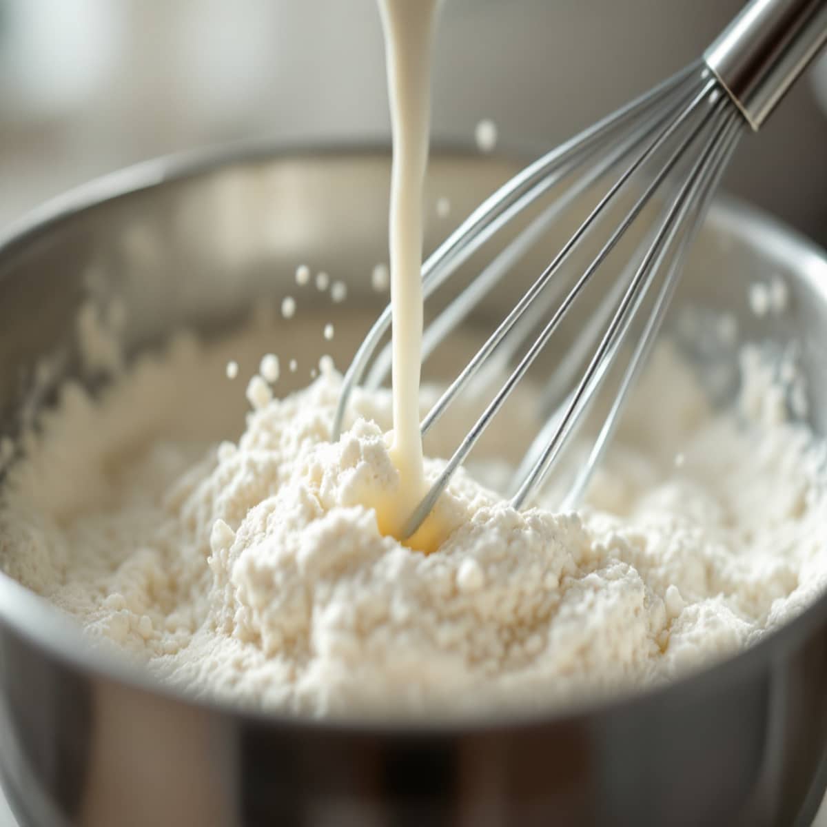 Verse le lait en plusieurs fois tout en fouettant pour éviter les grumeaux