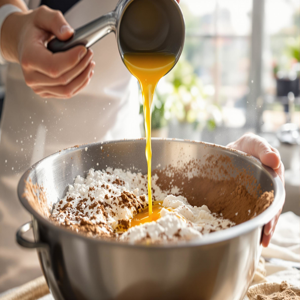 Verser œufs battus et huile d'olive dans mélange sec pour gâteau aux amandes, lumière naturelle