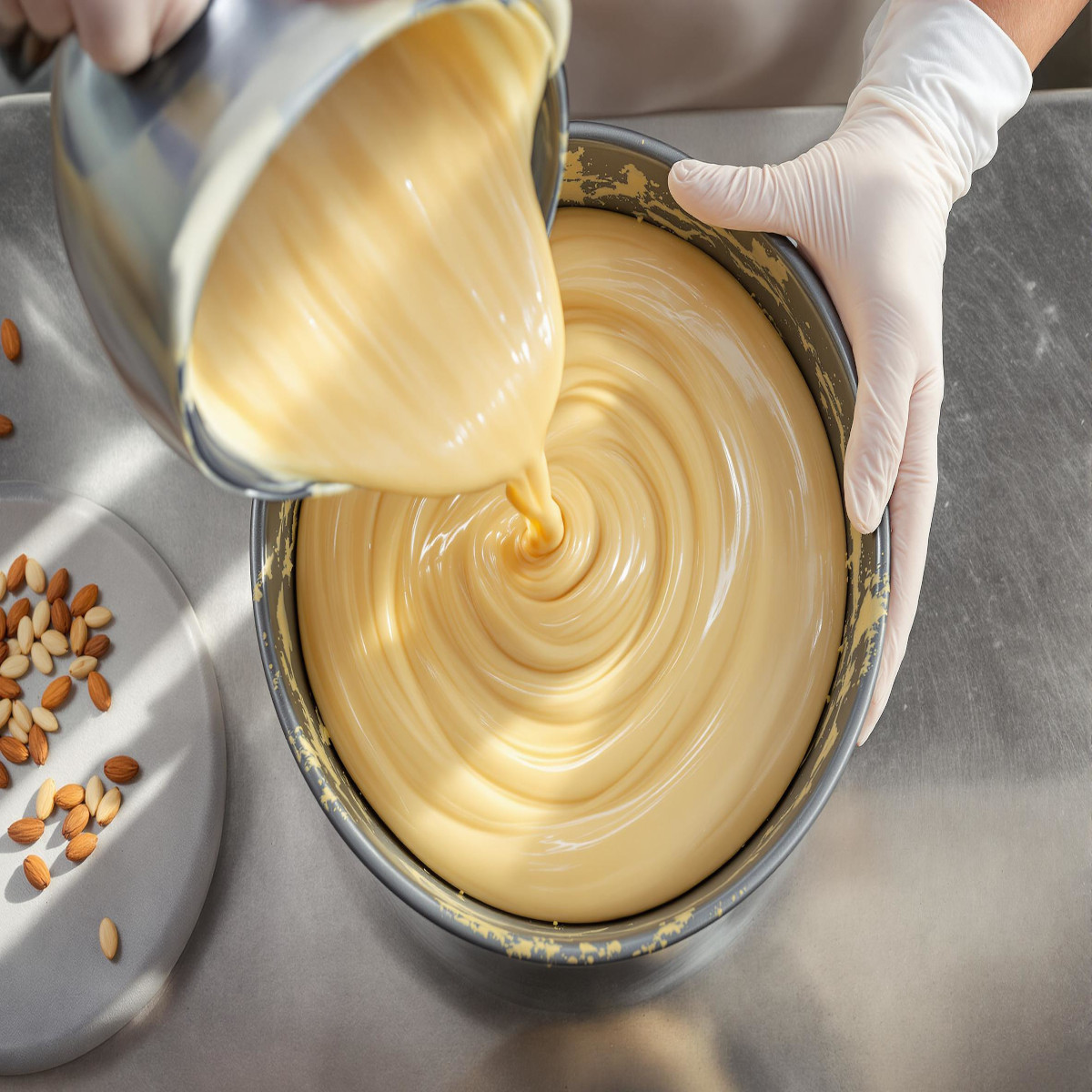 Verser pâte à gâteau dans moule, spatule pour lisser, lumière naturelle.