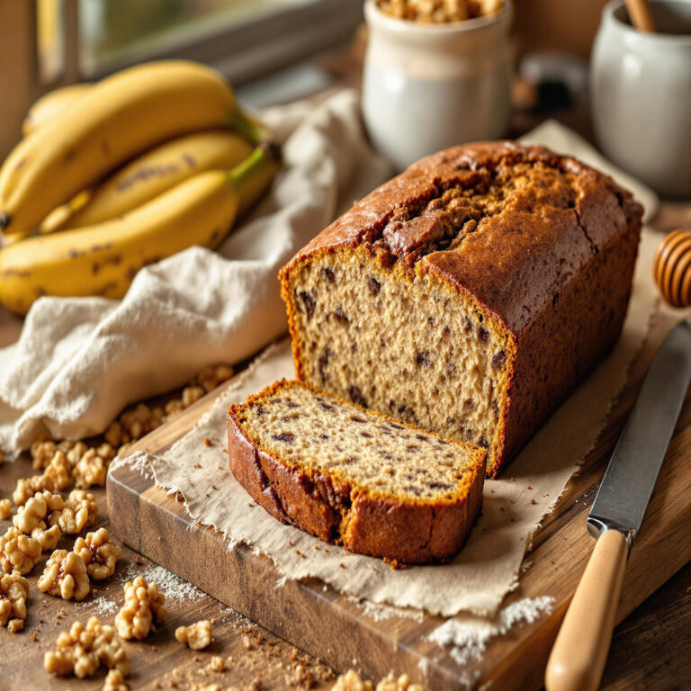pain à la banane fraîchement cuit tranché, révélant un intérieur doré et moelleux avec des morceaux de noix et des taches de bananes mûres