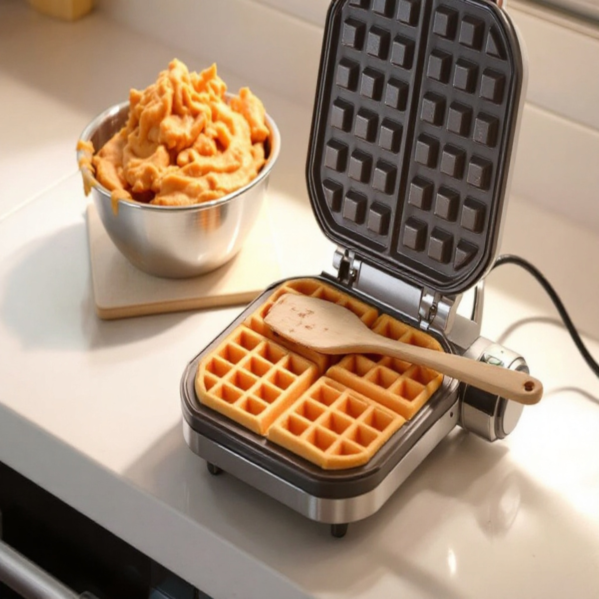 Appareil à gaufres prêt à cuire les gaufres Carrot Cake, avec pâte à proximité